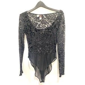 Vtg 70s 80s Anne Klein Bodysuit Leotard Black Sz 6 Velvet Sheer Long sleeved‎
